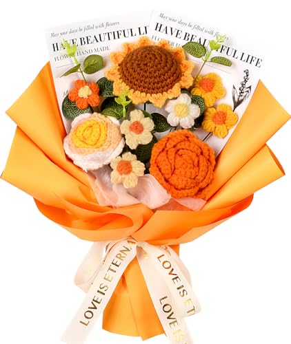 Knitted Flower Bouquet, Crochet Rose Sunflower Bouquet for Mother's Day, Father's Day, Anniversary, Graduation, Birthday, Gifts for Mom, Dad, Teacher, Friends, Orange - color: Zz: Orange