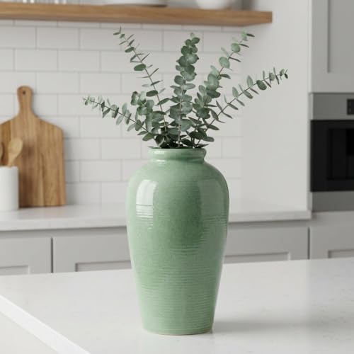 Green Ceramic Vase - 11 Inch Tall Modern Flower Vase for Pampas Grass, Pottery Decorative Vase for Centerpieces, Farmhouse Decor, Living Room, Kitchen, Shelf, Table Decor - color: Green