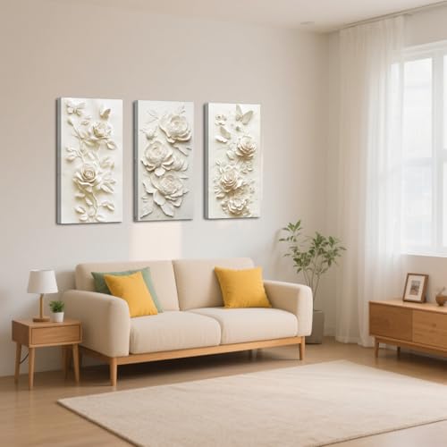 SWQYLB 3 Panel Flower Wall Art 3D Relief Floral Canvas Painting Abstract Butterfly & Rose Pictures Prints White & Beige Textured Decor for Home Framed (Gold, 36x18inchx3 Pieces) - color: Gold, size: 36x18inchx3 Pieces