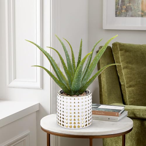 GnFlus Artificial Succulent Aloe Plants 14.2 Inch Large Faux Succulents with Ceramic Pot Fake Aloe Potted Plant for Home Indoor Bathroom Table Bedroom Shelf Office Decor - color: Gold-15"