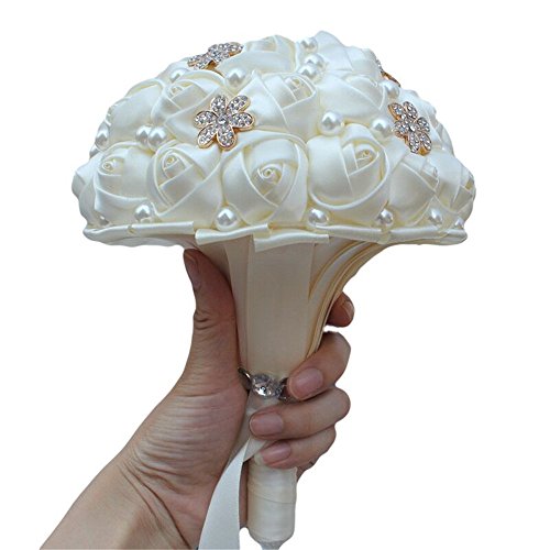 S_SSOY Wedding Bouquet Bride Bridal Brooch Bouquets Bridesmaid Ivory Cream Gold Bouquet Diamond Pearl Ribbon Valentine's Day Confession Party Church with Free Corsage Flower, 15x23cm - size: 15x23cm