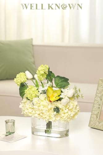 WELL KNOWN Artificial Flowers in Vase, Fake Hydrangea Tulips Flowers Bouquet in Vase, Spring & Summer Decor as Dining Table Centerpiece for Home Housewarming Wedding Party & Mom's Gift (Green) - color: Green Max