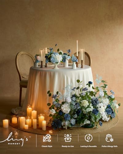 Ling's moment 36" Tall Free Standing Artificial Flowers Arrangements 2 pcs Wedding Arch Altar Stage Decorations Dusty Blue Navy for Ceremony Reception Silk Rose Fake Floral Party Outdoor Beach Decor - color: Blu-dusty Blue & Navy