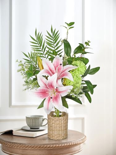Hollyone Fake Flowers with Vase, Easter Lily Flowers, Pink Silk Tiger Lily and Hydrangea Artificial Flowers in Vase, Faux Plants and Flowers Arrangement Bouquets for Table Centerpieces Home Decor - color: Pink
