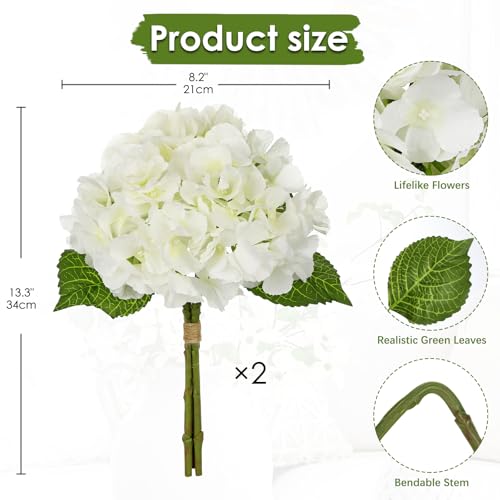 Hollyone White Hydrangea Artificial Flowers 6pcs Large Real Touch Faux Hydrangeas Silk Flowers Bouquets Fake Flower with Stems for Home Decor Indoor Wedding Kitchen Centerpiece Table Decorations - color: White