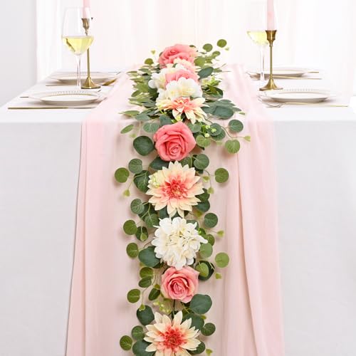Yastouay 6 Ft Flower Garland with Lights, Pink Rose Floral Garland Fake Flowers for Wedding Arch Party Tables Backdrop Decor - color: Pink With Lights, size: 1 Pack