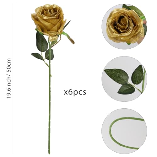 IPOPU 6PCS Gold Silk Lop-Sided Rose Artificial Flower with Long Stem Fake Leaf Roses, Artificial Long Stem Fake Roses Suitable for DIY Wedding, Home Decoration and Outdoor Party. - color: Gold