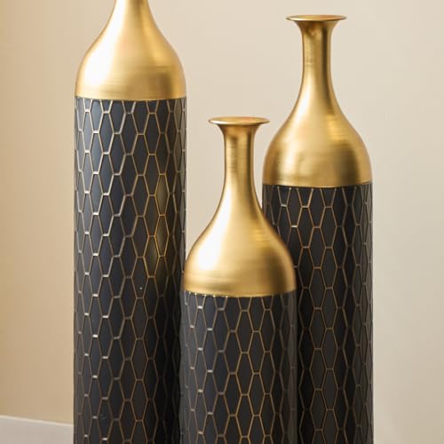 Tall Floor Vases Set of 3, Black Gold Decorative Metal Standing Vases with Honeycomb Pattern, Large Vase for Living Room, Entryway, Fireplace & Corner Home Decor - color: Black Gold