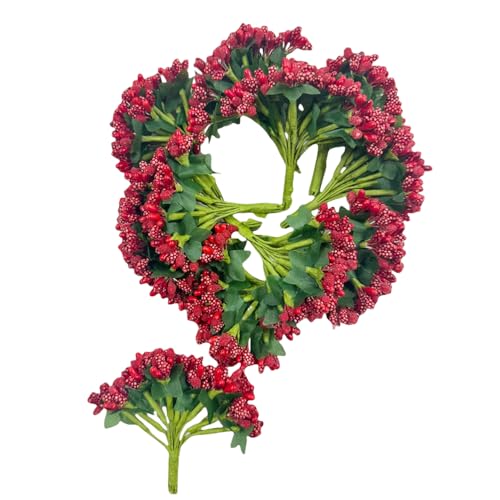 Rikyo Artificial Mini Flower Stamen Pistil, Red, 144pcs | Soft Stem, 20mm Tiny Berry for Make Bridal Hair Clips,Cake Top,Wrist Corsage Boutonniere,Candle Rings Wreath Bracelet Flower - color: Red