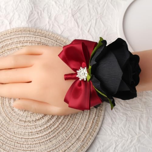 Black Rose Wrist Corsage and Boutonniere Set Rose Corsage Wristlet for Wedding Prom Party Homecoming Decoration Set of 2 (Red and Black) - color: Red and Black