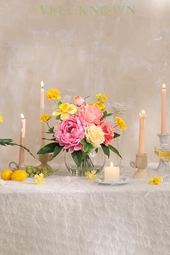 Artificial Flowers Centerpieces in Glass Vase with Fake Water, Silk Rose Peony & Daffodil Bouquet with Vase for Birthday Party Wedding Dinning Table Office Hotel Decor Gift (Yellow, Coral & Hot Pink) - color: Yellow, Coral & Hot Pink
