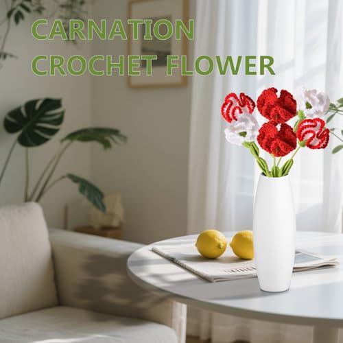 6Pcs Handmade Carnation Crochet Flower Bouquet, Completed Carnations Artificial Flower, Carnation Flower Wedding Bouquet (Red) - color: Red
