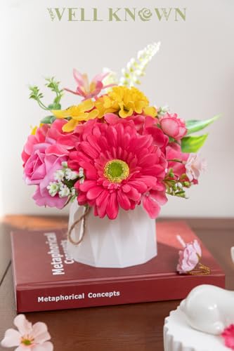 WELL KNOWN Small Fake Flowers in Plastic Vase 7" Centerpieces Coffee Table Decor, Silk Flower Arrangements for Home Decor Indoor Artificial Flower Bouquet for Dining Room Kitchen Wedding Yellow Pink - color: Pink & Yellow