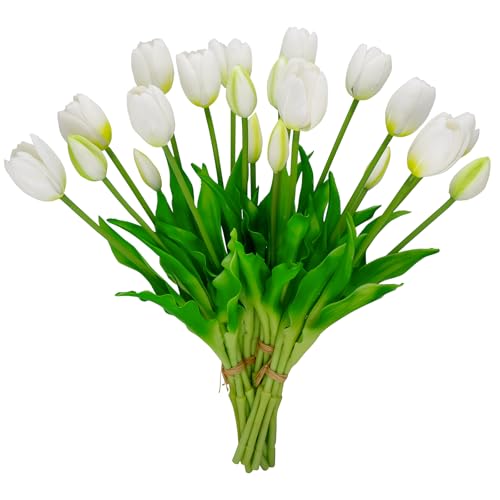 4 Budles (20Pcs) White Tulips Artificial Flowers 13" Latex Fake Flowers for Wedding Home Decor(White) - color: White