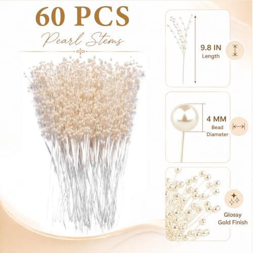 60 Pieces Pearl Stick Stems Bouquets, 4mm Bead String Garland Beaded Spray Filler Floral Arrangements Tree Picks Wedding Party Decoration, Mother's Day Flower Decor, Christmas Tree Picks (Ivory) - color: Ivory
