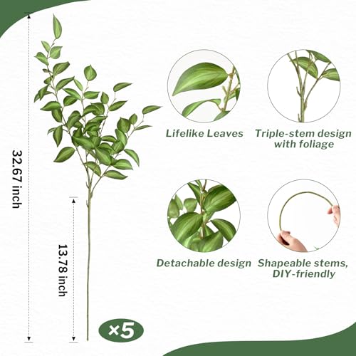 Waipfaru 5PCS Greenery Stems for Vases, 32.7 inch Artificial Eucalyptus Green Fake Leaves Branches, Faux Olive Silk Plants for Centerpieces Vase Filler Home Kitchen Decor - color: Green