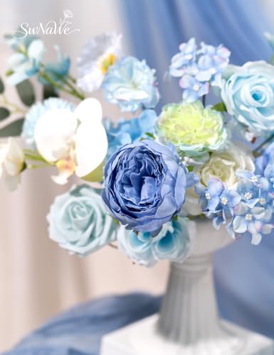 Baby Blue Flowers Artificial Roses Combo Set Fake Blue Silk Flowers Faux Peony Flowers Mix Hydrangea Orchid with Stems for Wedding Bouquets Baby Bridal Shower Party Floral Arrangements Decor - color: Sky Blue, size: The Modern Classic