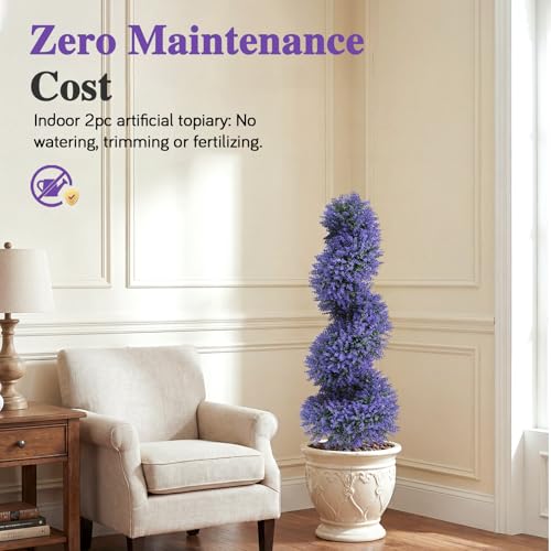 PATIO CHOICE 3ft Artificial Topiary Spiral Trees with Lavender Set of 2 High End Outdoor Faux Plants Realistic Fake Bushes Lilac Shrubs Decorations for Outdoor Front Porch Garden - color: Spiral Lavender, size: 3ft