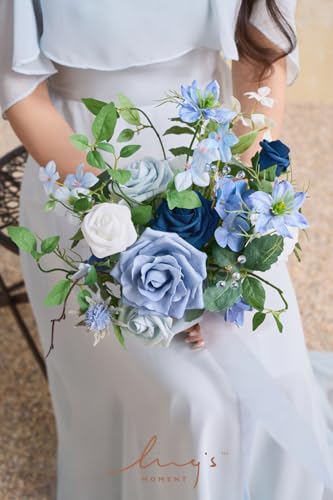 Ling's moment Artificial Flowers Fake Silk Roses Faux Foam Gardenia Combo for DIY Wedding Bouquets Centerpieces Arrangements Bridal Shower Party Home Decorations, Dusty Blue & Ivory, 23pcs - color: Blu-dusty Blue & Ivory