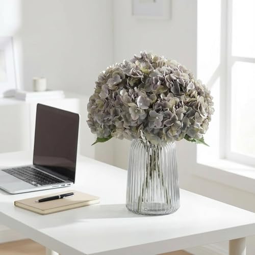 2Bouquets Artificial Fake Flowers Plants Silk Hydrangea Arrangements Wedding Bouquets Decorations Plastic Floral Home Kitchen Garden Party Festival Bar DIY (Gray Green,5 Flower Heads) - color: Gray Green，5 Flower Heads