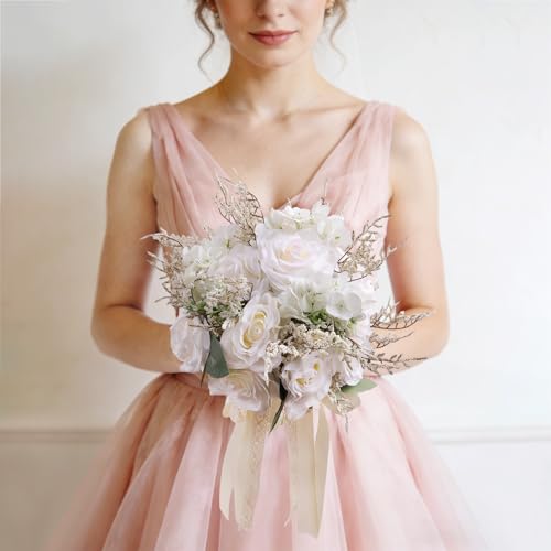 Wedding Bouquets for Bride & Bridesmaid, 10 Inch White Champagne Artificial Roses Flowers for Wedding Ceremony, Church, Party Decoration - color: White Champagne