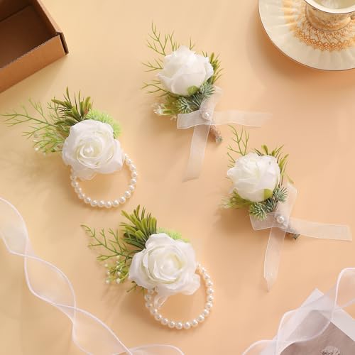 Garisey Artificial Flowers White Rose Wrist Flowers and Men's Corsage Wedding Flowers Ceremony Prom Flower (2 Boutonniere & 2 Wrist Corsage White) - color: 2 Boutonniere & 2 Wrist Corsage White