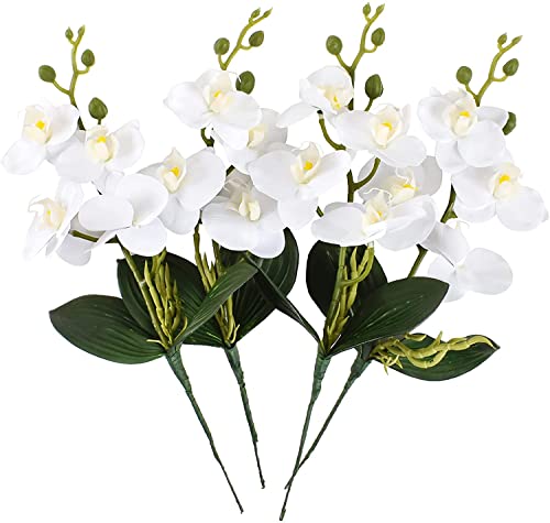 Artificial Phalaenopsis Flowers 4 Pcs, 15” Fake Silk Orchids with Stem Leaves for Valentine's Day Home Office Wedding Party Décor (White) - color: White