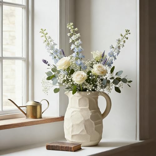 White Ceramic Pitcher Vase for Flowers - White Farmhouse Pitcher Vase with Handle,7 Inch Small Milk Jug Vases for Home Decor,Decorative Ceramic Vases for Bookshelf,Mantel,Living Room - color: Pitcher Vase