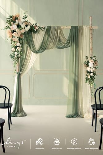 Ling's moment Wedding Arch Flowers with Sheer Drapes Kit - Artificial Spring Green Rose Floral Arrangements for Ceremony Backdrop, Arbor Decor, 5-Piece Set (2 Flower Stems + 3 Hanging Drapes) - color: Grn-emerald & Tawny Beige