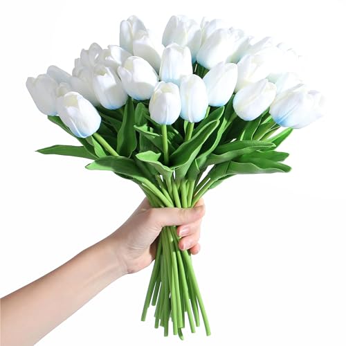 SITUMEIZI 15pcs Fake Tulips Artificial Flowers Real Touch 14" PU Flower for Home Kitchen Decor Spring Easter Wedding Bouquet Decorations Office Floral Arrangements(Blue on White) - color: Blue Base
