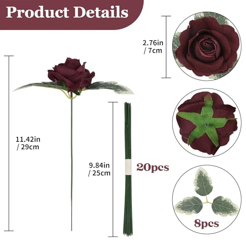 IPOPU 20pcs Burgundy Roses Artificial Velvet Flower Heads Realistic Faux Rose Flowers with Stems in Vase for Wedding Bouquets Bridal Shower Party Home Centerpieces Table Decor (Burgundy) - color: Burgundy