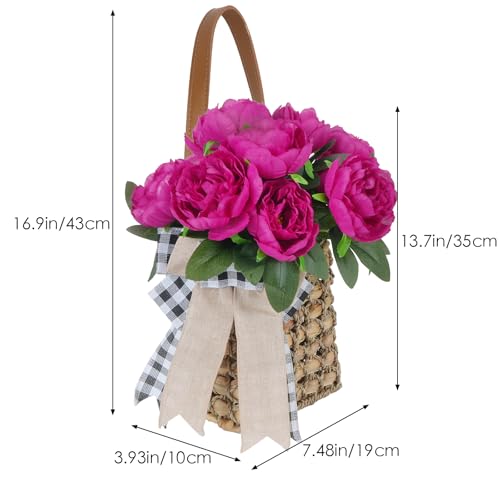 17in Hanging Basket for Front Door with 10 Pcs Artificial Peonies Wreath | UV Resistant Woven Wall Baskets for Spring Summer Garden Farmhouse Home Boho Wall Decor - color: Rose Pink