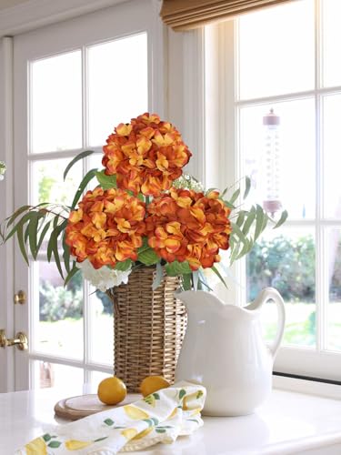 Hollyone 3Pcs Orange Hydrangea Artificial Flowers 28.7" Real Touch Large Faux Silk Hydrangeas Flowers with Stems Fake Flower for Home Wedding Floral Arrangement Centerpiece Table Vase Fall Decor - color: Orange