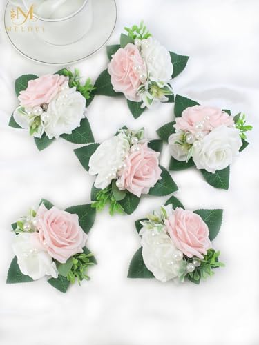 Pink&White Boutonniere for Men Wedding, Set of 6,Elegant Pearls Rose Boutonniere for Groom Groomsman Prom,Homecoming,Anniversary,Party,Prom Flowers and Vintage Wedding - color: White&pink Boutonniere 6pcs