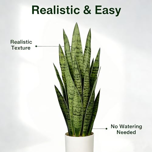 Fake Snake Plant, 27in Artificial Plant with White Pot Realistic Leaves, Low Maintenance Potted Plant for Indoor Decor, No Watering Needed, Perfect for Home, Office & Pet Areas - color: Sansevieria Green 27in