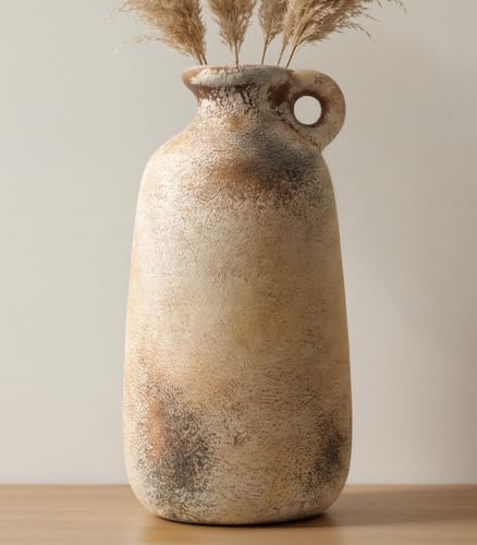 Ceramic Flower Vase, 10.1" Rustic Farmhouse Vase with Glazed Interior, Decorative Pottery Vase for Fresh Flowers, Pampas Grass, Living Room, Dining Table, Mantel and Shelf Decor - color: Rustic-5.1"l X 5.1"w X 10.1"h