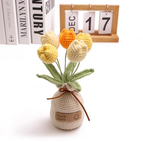 Handmade Tulips, Artificial Plant Crochet Flowers， Tulips Suitable for Home Room, Table, Office Ornaments and Birthday Gifts Suitable for Family and Friends Anniversary (5 Flowers-Yellow) - color: Yellow B, size: B