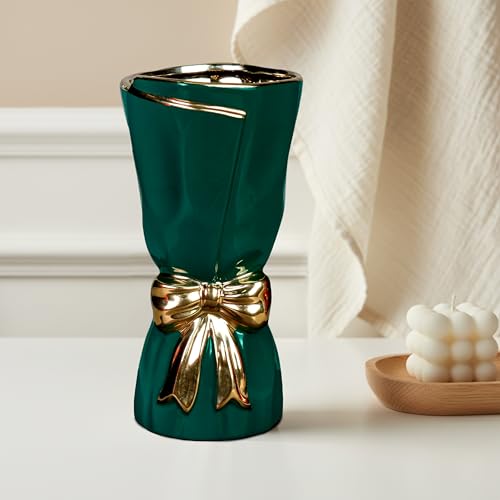 Green Ceramic Vases Home Decor, Tall Modern Vase for Pampas Grass,11 Inch Bow Flower Vase for Console Table, Entryway, Mantle Decor, Fireplace Decorations for Living Room - color: Dark Green, size: 11 inch