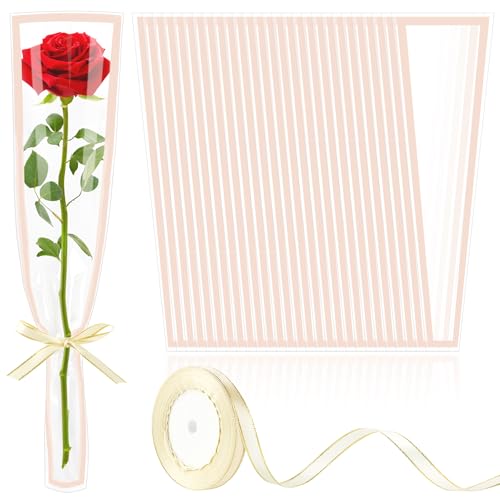 Mauproy 100Pcs Single Rose Sleeves with Pink Edges, Single Flower Bags with Ribbons Plastic Flower Wrap for Graduation, Flower Bars, Florist Supplies - color: Pink Edges