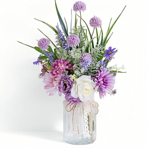 LUEUR Artificial Faux Flowers in Vase-Fake Purple Transvaal Daisy and Dandelion Flowers with Vase for Spring Decor Arrangement Decor Home Coffee Table Decor Dining Room - color: Purple & White