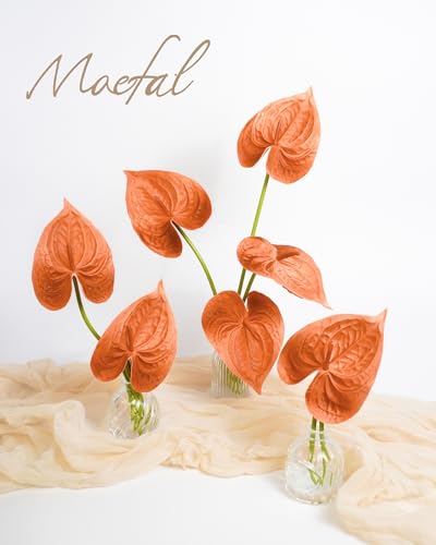 Real Touch Anthurium Artificial Flowers, 8pcs Terracotta Faux Tropical Flowers with Stems for Boho Wedding Bouquets, Rust Fall Centerpieces & Jungle Party Decoration - color: Terracotta & Orange