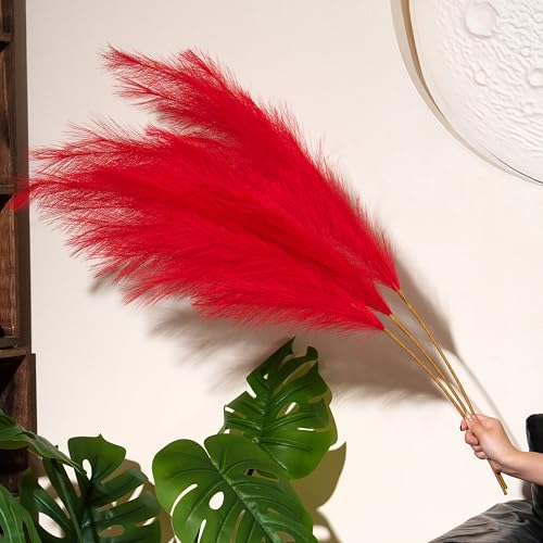 Premium Faux Red Pampas Grass – 43.3" Tall Fluffy Vibrant Decor, 8pcs 18-Branch One-Piece Stems No Assembly, Luxury Silk-Feel Feather Flowers for Valentine's Day Christmas Wedding Home Floor Vase - color: Faux Red, size: 8pcs 43.3"(110cm)