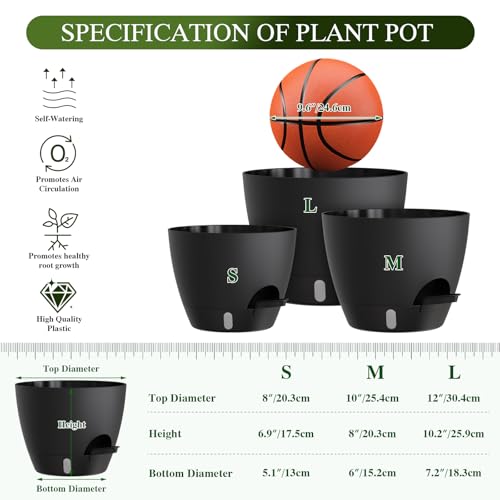 Self Watering Pots with Drainage Holes, 3 Pack 12/10/8 Inch Plant Pots with Water Level Indicator Deep Reservoir, Large Plastic Planter for Indoor Outdoor Plants - Black - color: Black, size: 12+10+8 Inch Set