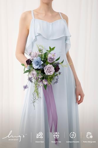 Ling's moment Light Purple Artificial Wedding Flower Bouquets for Bridesmaids Blue Floral Bouquet Lilac Bridesmaid Bouquets with Ribbon Ceremony Anniversary,7-inch Diameter - color: Prpl-deep Plum