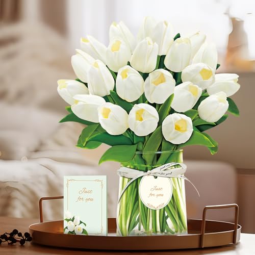 Airpark Pop Up Flower Bouquet Card for Women, 3D Floral Greeting Card with Envelope and Note, Birthday Thank You Thinking of You Get Well Gift for Mom Friend Wife Teacher, White Tulip - style: White Tulips