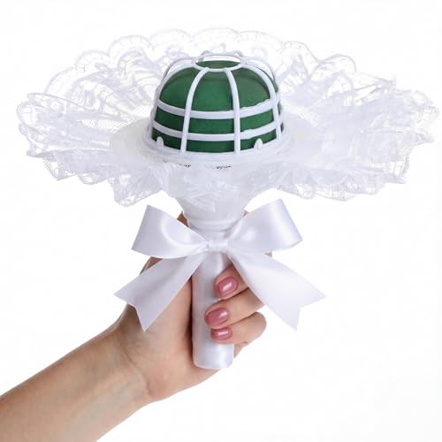 Ferrochef 2 Set White Lace Handle Bouquet Holder Foam Floral Handle Wedding Bridal Bouquet Holder DIY with 1 inch White Satin Ribbon for Bride & Bridesmaid Fresh & Artificial Flower Arrangements