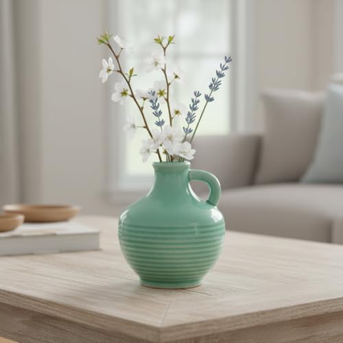 Sunddo Green Ceramic Vase 6 Inch - Small Decorative Vases with 1 Handle, Textured Modern Vase for Home Decor, Bathroom, Bedroom, Living Room, Centerpiece, Table Decor - color: Mint Green - 6, size: 6 Inch