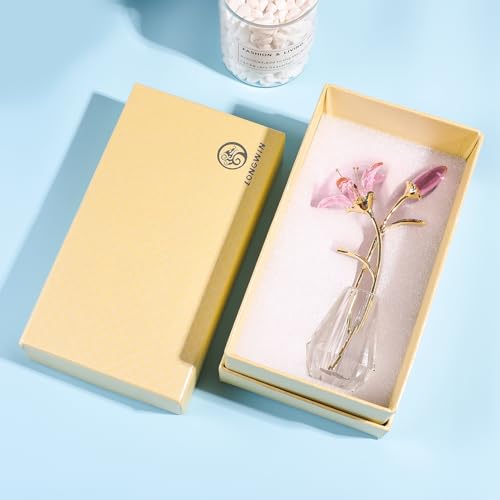 LONGWIN Crystal Artifical Tiger Lily Flowers with Vase - Pink Crystal Collectible Figurines Decorative Blooming Lily Flower for Home and Wedding - color: Pink