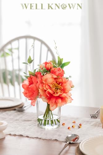 WELL KNOWN Artificial Flowers in Glass Vase with Fake Water, Silk Peony Flower Bouquet for Home Dinning Tea Table, Office Desktop, Hotel, Wedding, Party, Lavatory Decor & Gift (Coral and Orange) - color: Coral and Orange