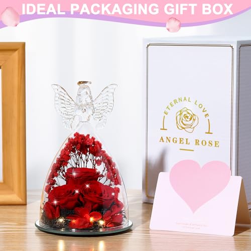 Mothers Day Rose Gifts for Women Preserved Real Flower in Glass Angel Figurines Roses for Delivery Prime Birthday Gifts for Mom Grandma Girlfriend Wife Her, Crystal Red - color: Crystal Red